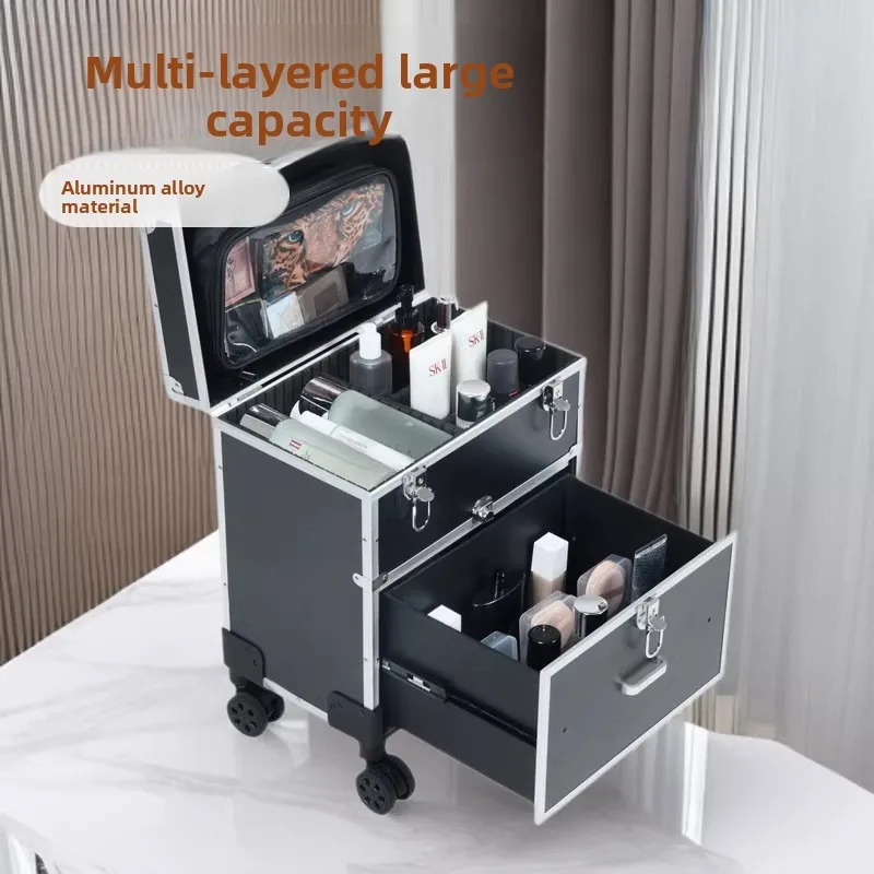 

Multilevel Large Capacity Aluminum Makeup Case with Telescopic Handle and Universal Wheels Professional Styling Travel Storage