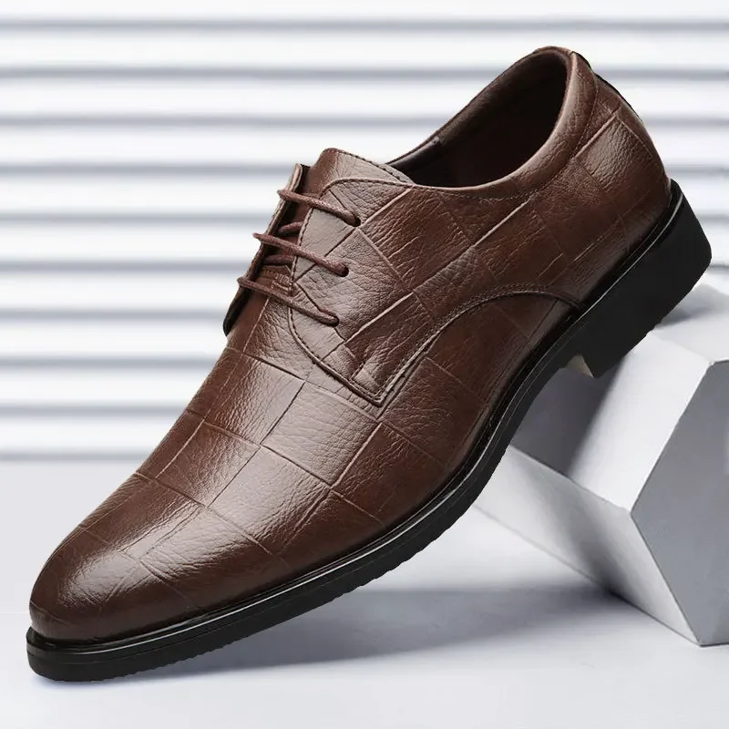 

Trending Fashion Men Shoes Plaid Business Casual Leather Dress Shoes for Men Point Toe Lace Up Elegant Oxfords Formal Style 2024