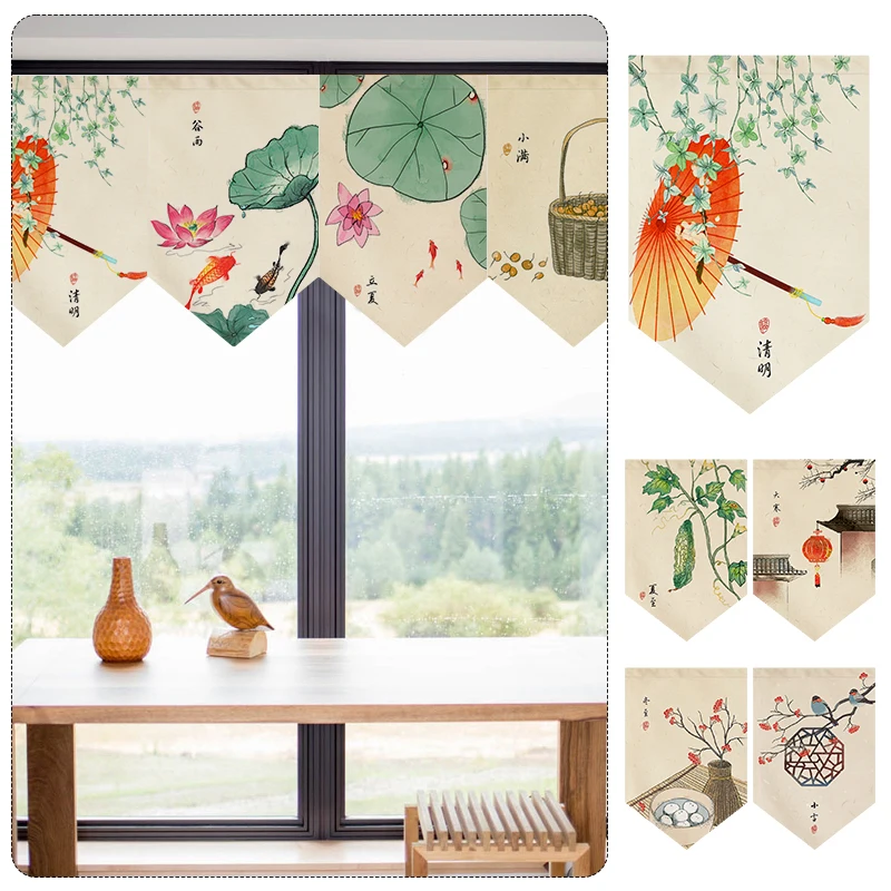 Pastoral Style Kitchen Partition Short Curtain Chinese Traditional Solar Terms Four Seasons Hanging Flag Window Decor Japanese