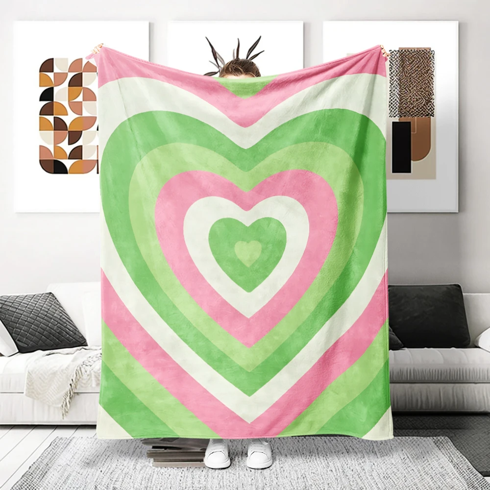 Green Pink Concentric Hearts Flannel Blanket Perfect For Sofa Office Bed Travel Sleep Read Relax Camping Four Season Use