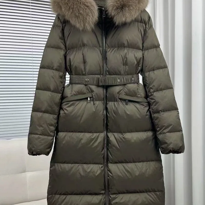 Winter New Large Fur Collar Belt Thickened White Duck Down Jacket Women's Mid-length Down Coats Warm Slim Puffer Jacket Women - Image 3