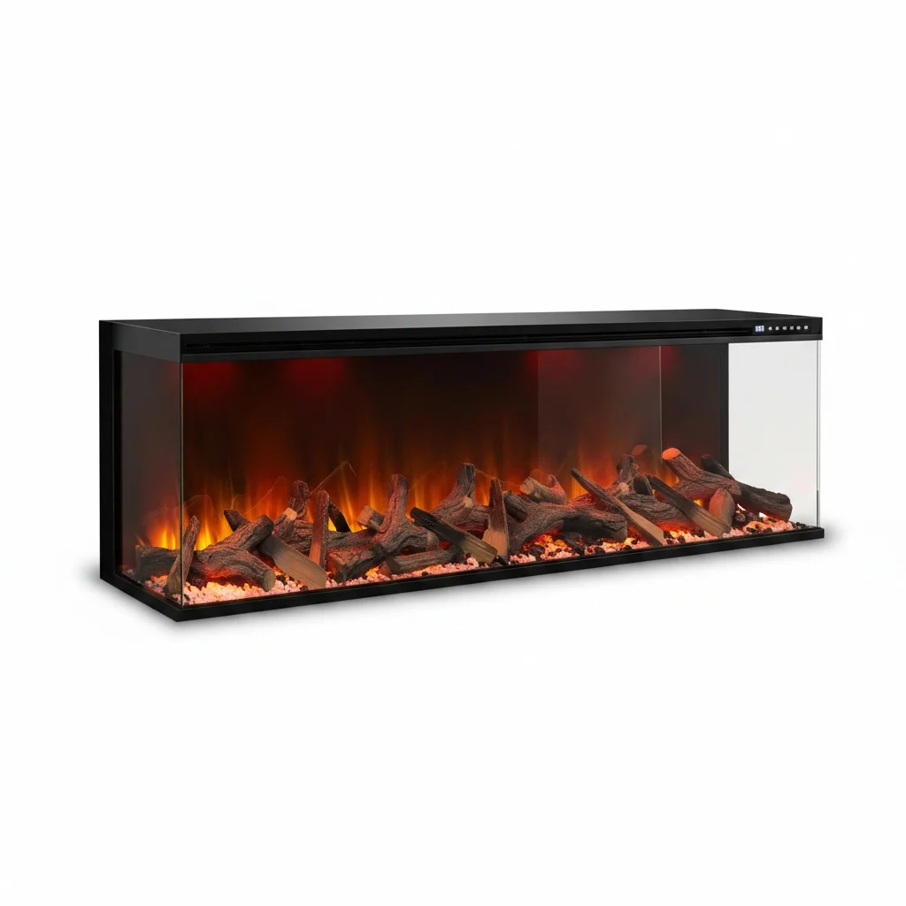 3 Sided Electric Fireplace, 50 60 72 80 Inch Tempered Glass, LED Built-in Insert, Voice Control Smart Fireplace Heater