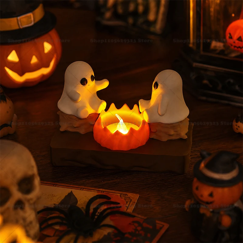 3D Printed Ghost Campfire Tealight Holder,Halloween Candlestick Ornament Ghost Figurine,Home Table Decor for Festival Party Gift