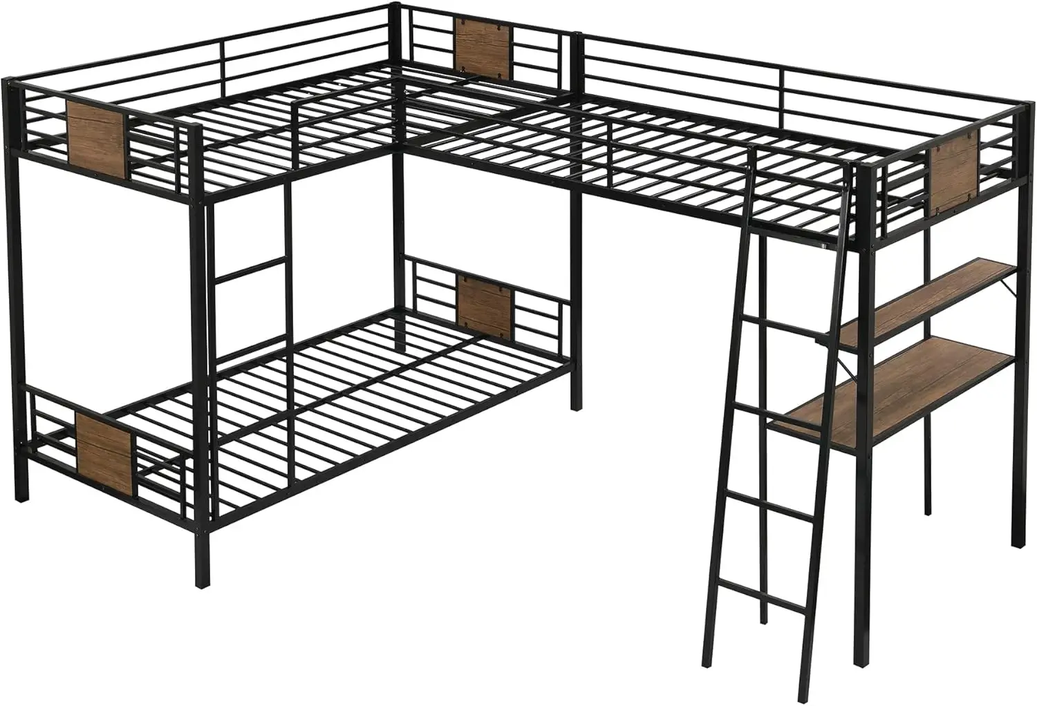 Tempat tidur susun tiga logam dengan meja dan rak, tempat tidur susun berbentuk L untuk 3 anak-anak remaja dewasa, kembar di atas tempat tidur susun kembar dengan ukuran kembar