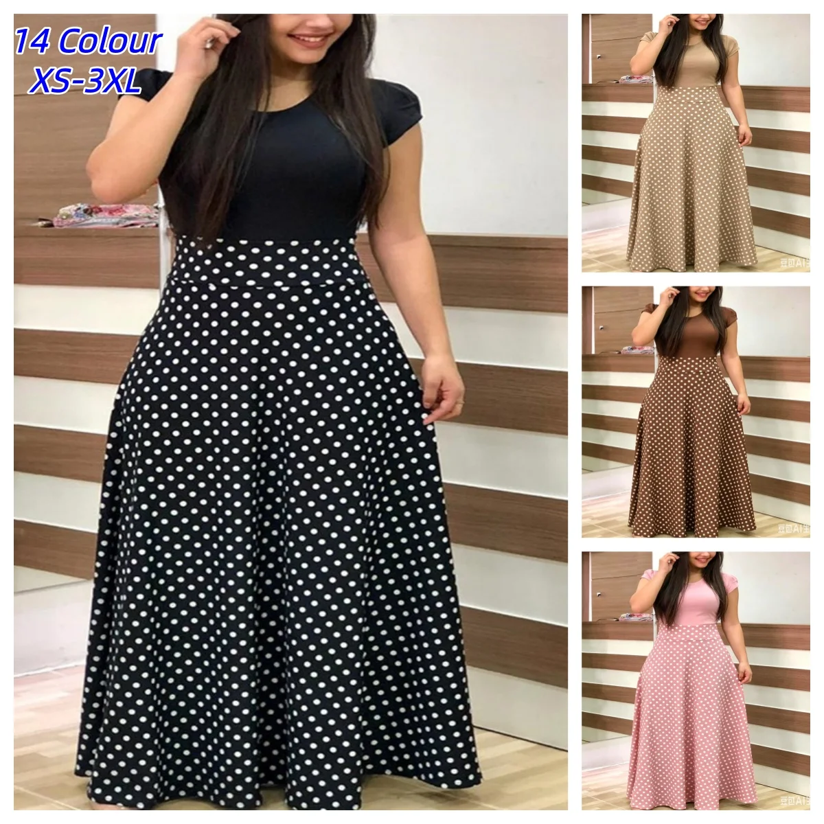 Retro Elegant Commuter Style Polka Dot High Waist  Flower Print Color Matching Short Sleeved Dress for Women's Large Swing Skirt