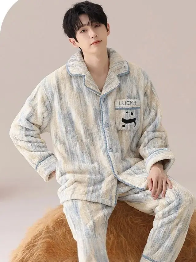 Coral Velvet Couple Pajamas Autumn Winter Women Men Thickened Wearable Cartoon Panda Home Clothing Cardigan Suit