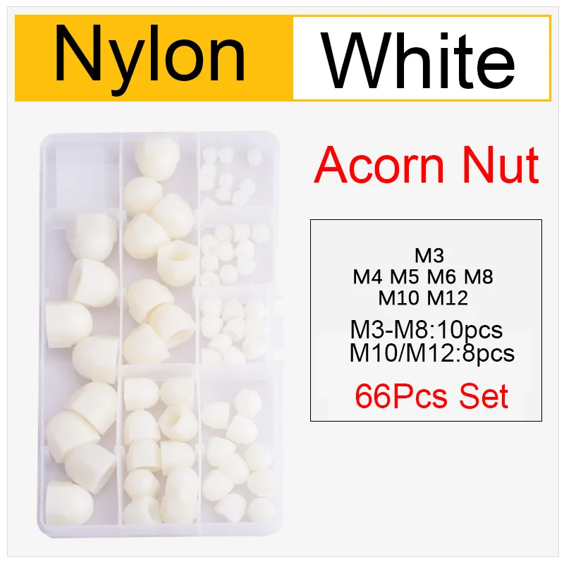

66pcs Nylon Acorn Cap Dome Nuts White/ Black Plastic Hexagon Hex Nut M3 M4 M5 M6 M8 M10 M12 M14 M16 M18 M20 for Insulation USE