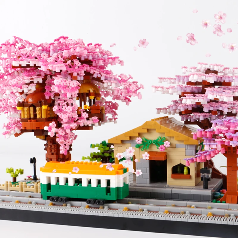 Sakura House Tree Trains With Lights Building Blocks Kids Toys City Street View Assemble Bricks Creative Gift For Girls Boys