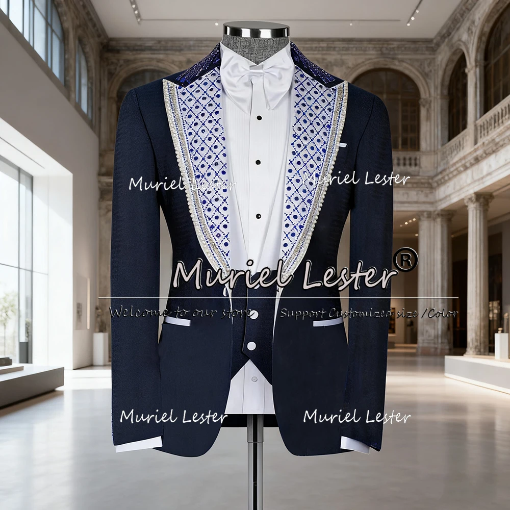 

Elegant Suits Men For Wedding Beaded Lapel Blazer Formal Business Prom Party Dress Customized Man Fashion Tuxedo Man Clothing