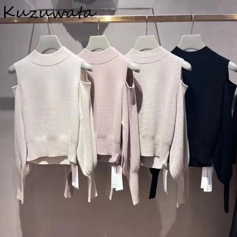 Kuzuwata Japanese O Neck Lantern Sleeve Jumper Shoulder Strapless Solid Elegant Casual Woman Sweaters Knit Pullover Moda Tops