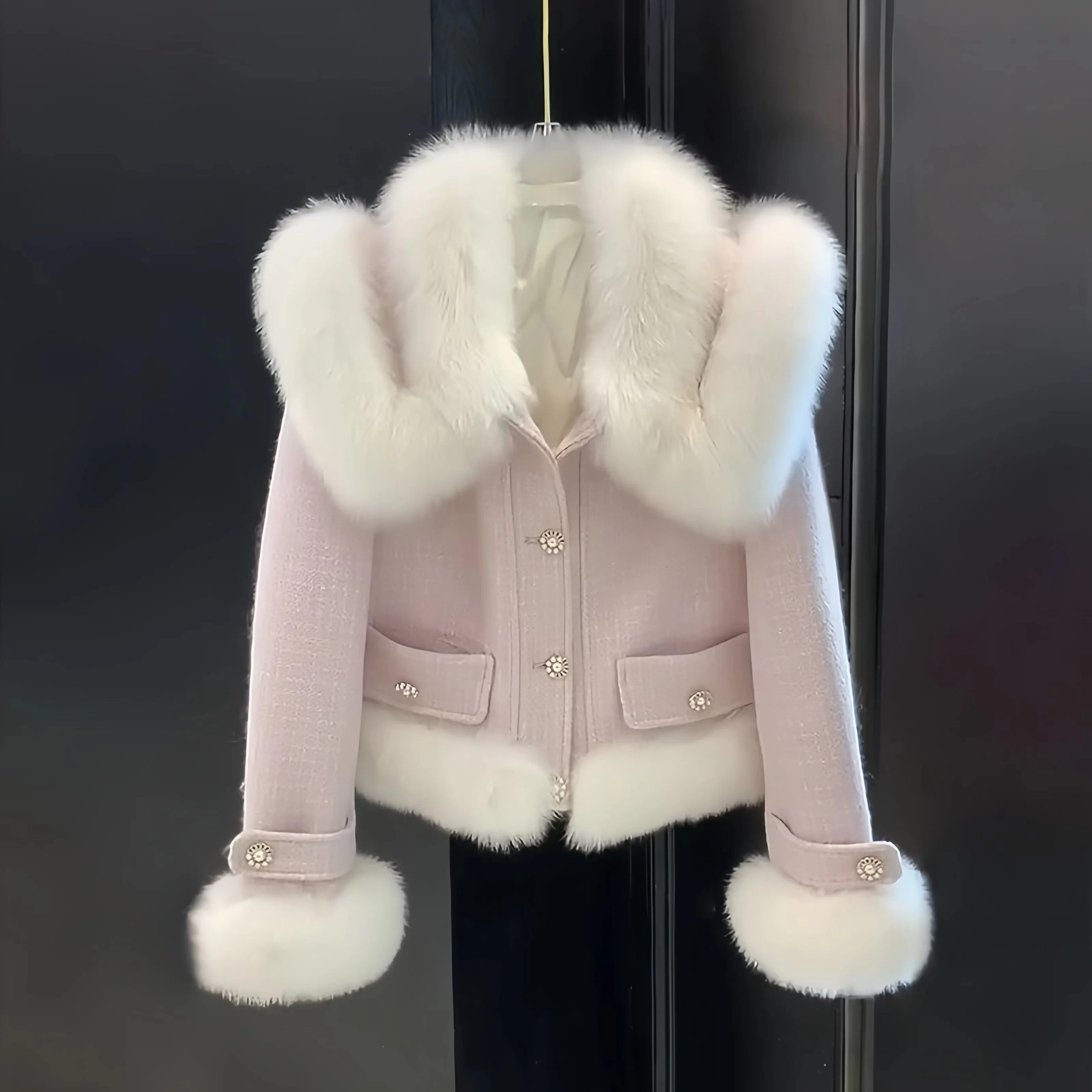 Korean Coat for Women, Large Fur Collar, Woolen Jacket, Single Breasted, Wool Blends, Female Clothes,New, Autumn,Winter