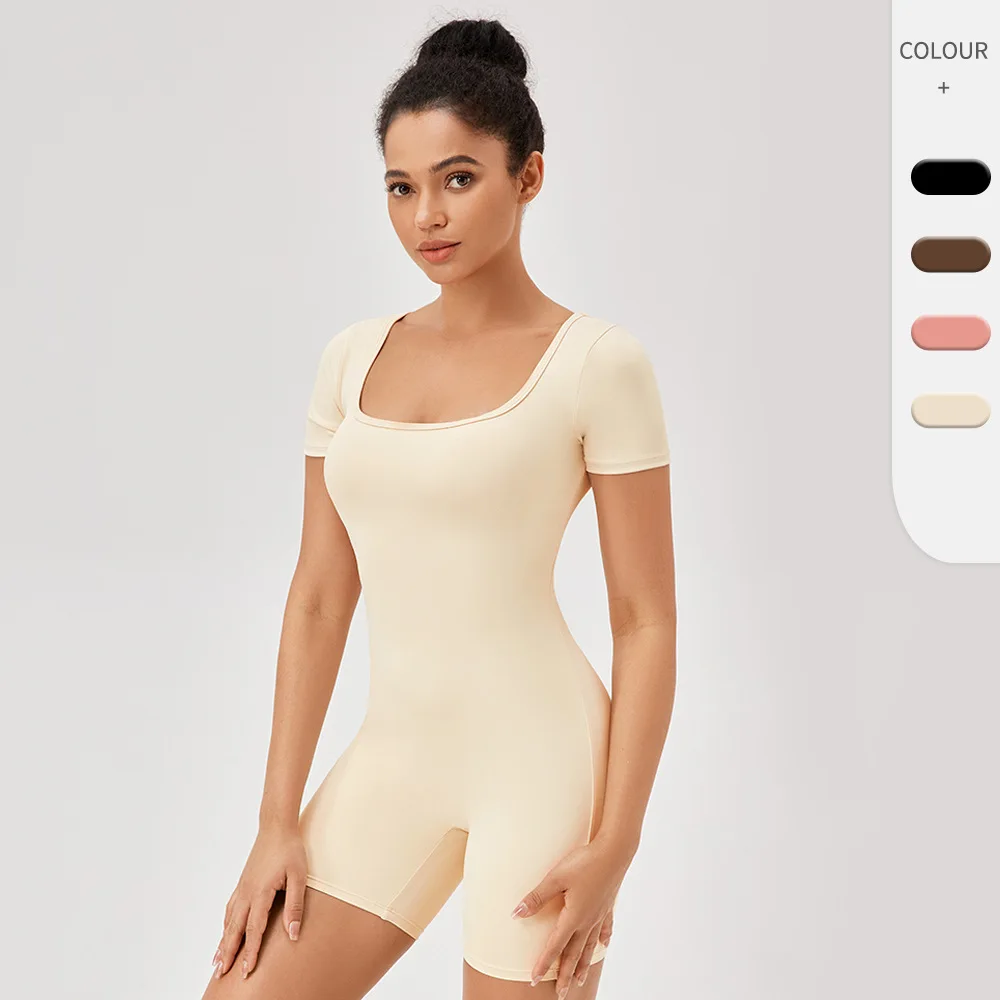 

Женский быстросохнущий комбинезон для йоги с квадратным вырезом, коротким рукавом, для фитнеса и спорта, облегающий, с эффектом второй кожи