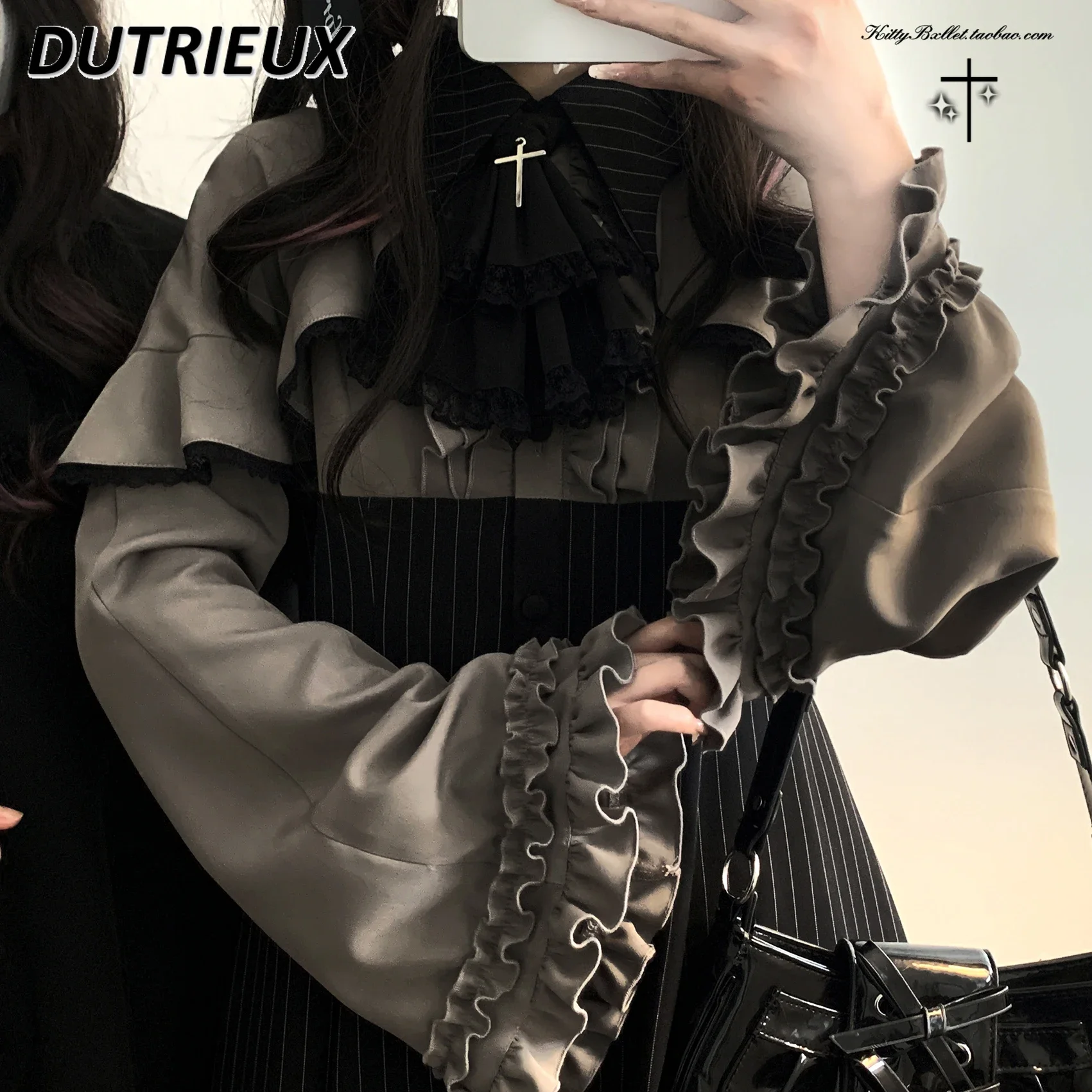 Japanese Mass-produced Sweet Girl Fake Two-piece Shirt Dress Spring and Autumn New Long-sleeved Lapel Single-breasted Dresses