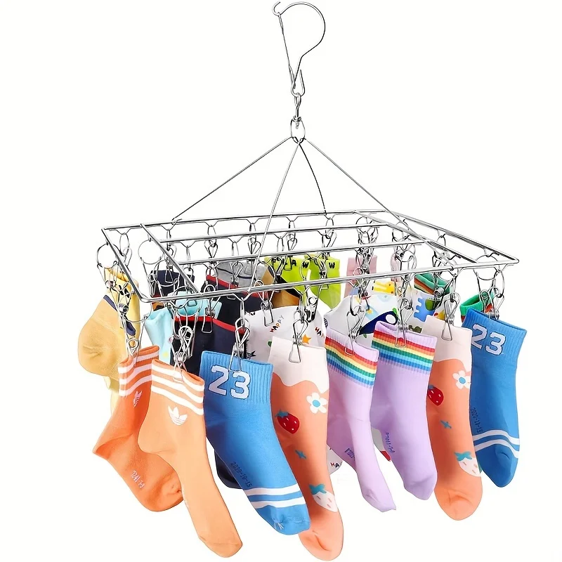 1PC stainless steel sock drying rack with multiple clips, rotating hook windproof clothes rack, sock drying rack, bra, underwear