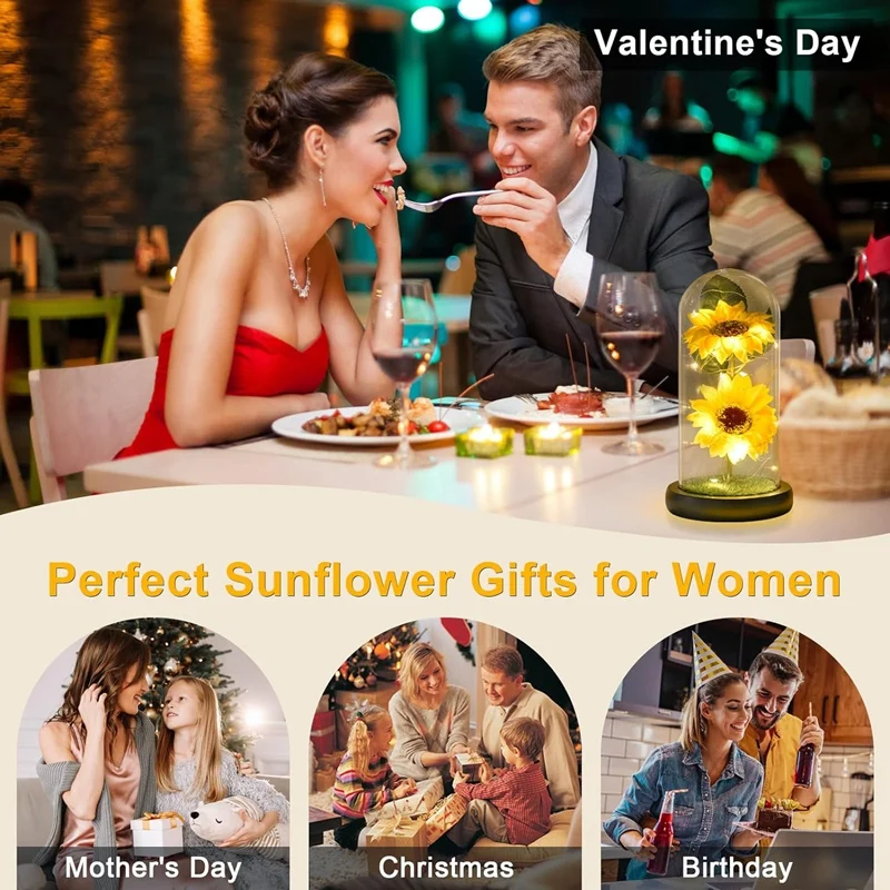 Подсолнухи навсегда для женщин, искусственные Подсолнухи в стеклянном куполе со светодиодной лентой, день рождения, День матери, подарок на день Святого Валентина