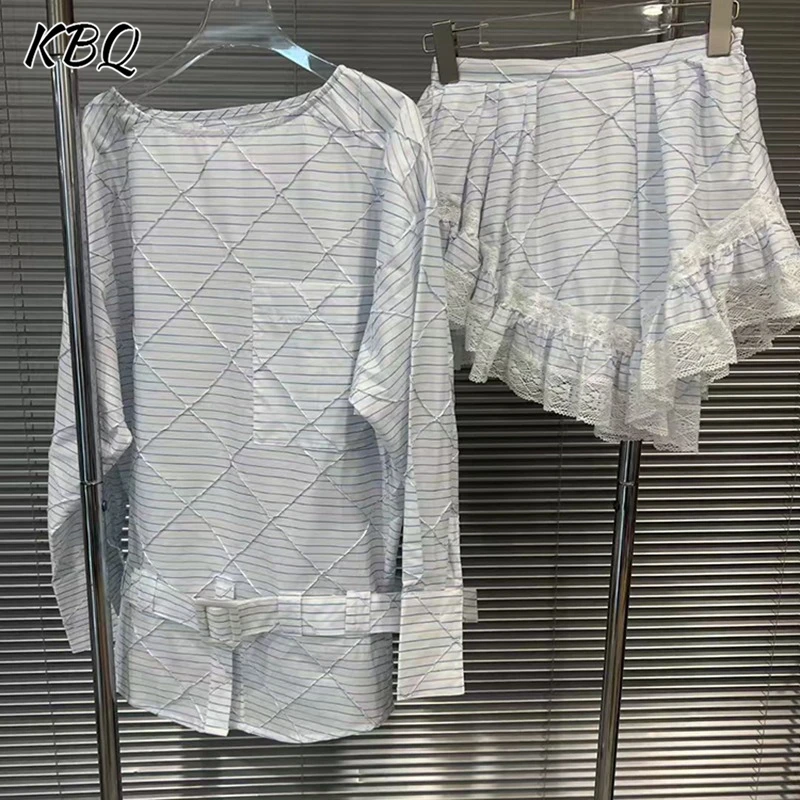 

KBQ Solid Cute Slimming Folds Two Piece Sets For Women Round Neck Long Sleeve Top High Waist Mini Skirt Sweet Set Female Fashion