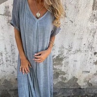 Women's Short-sleeved Cotton and Linen Dress V-neck Loose Large Size Casual Vacation Street Thin Long Skirt