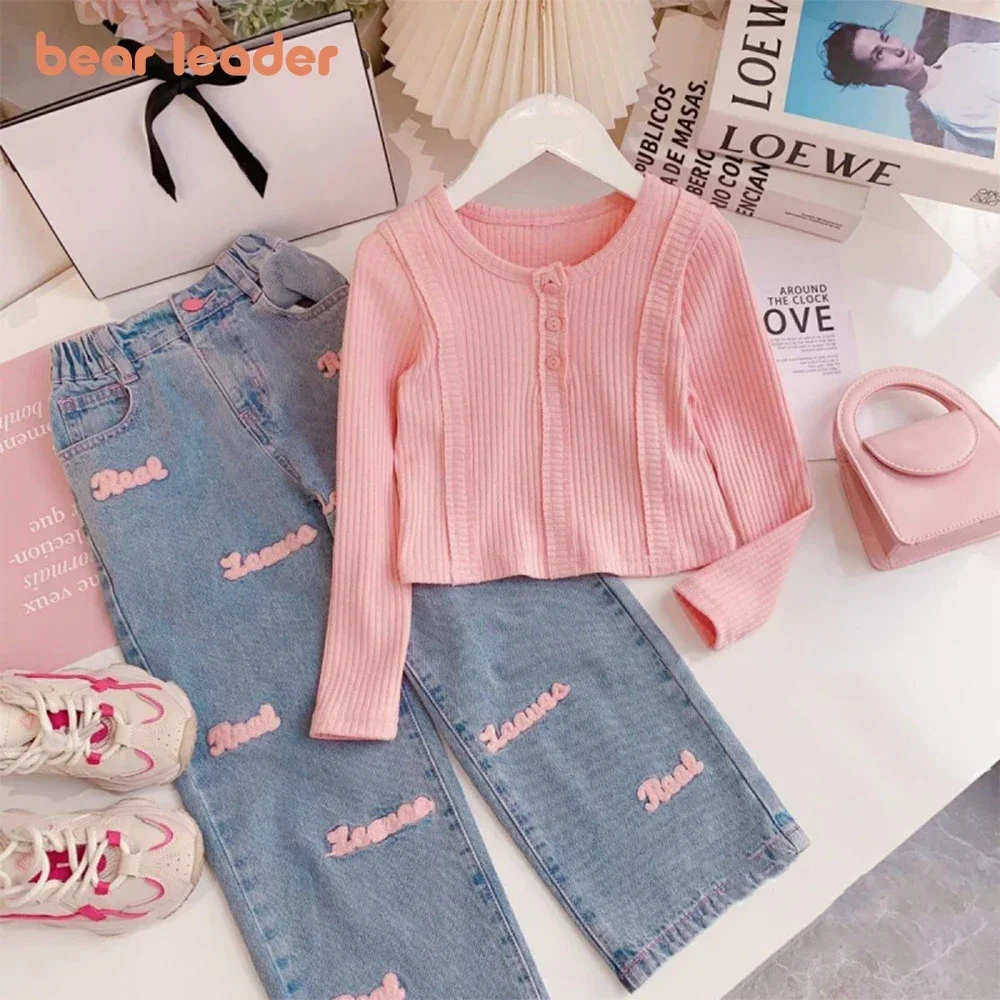 Bear Leader Girls' Set Autumn New Girls' Knitted Sweet Top+Letter Decal Jeans Two Piece Set Cute Little Girl Kids Fashion Set