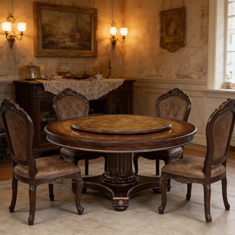 !@Retro French-Style Classic Dining Furniture Solid Wooden Round Rotating Dining Table for Villa