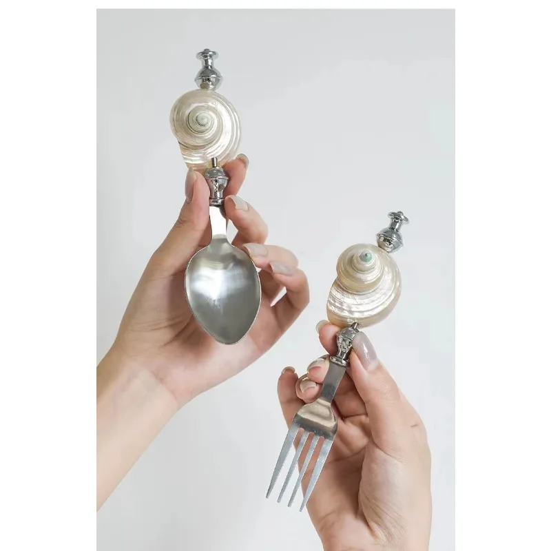 Creative Natural Conch Props Three-Piece Set of Stainless Steel Fork, Spoon, Knife and Tableware
