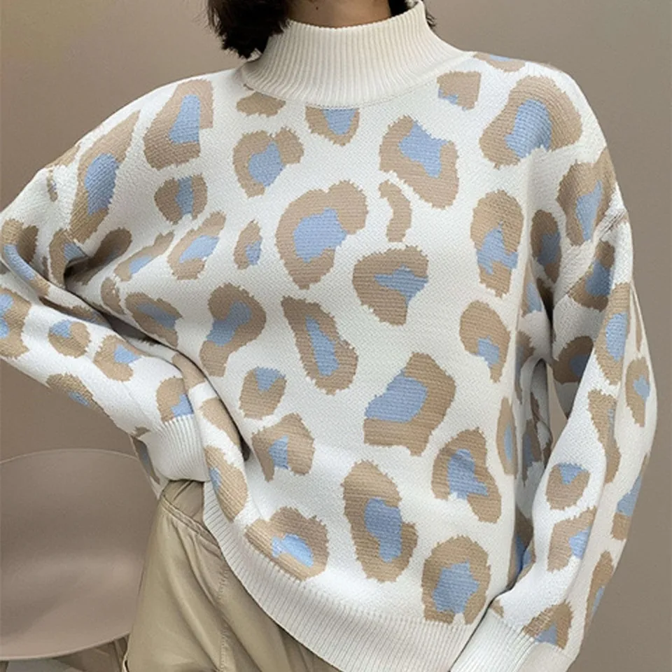 Half High Neck Knit Sweater Tops Leopard Loose Long Sleeve Autumn Winter Pullover Sweater Mujer Y2k