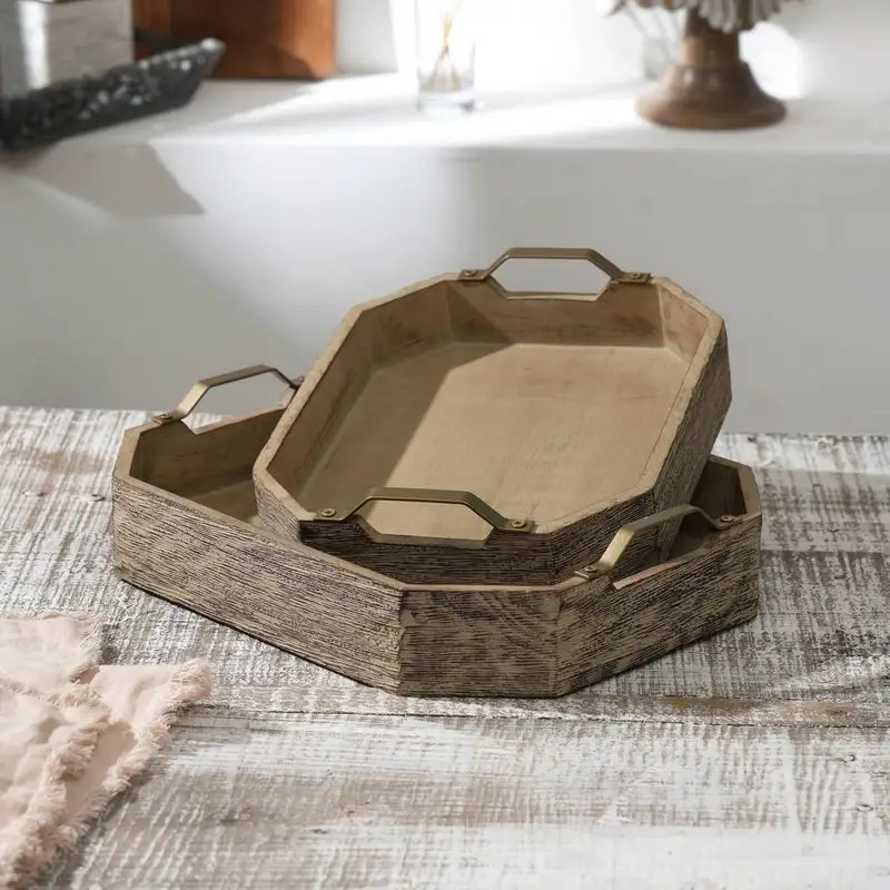 مجموعة من صواني تقديم خشب المانجو المثمنة، مقاس 15 × 12 × 3 بوصة، مثالية للترفيه والديكور المنزلي