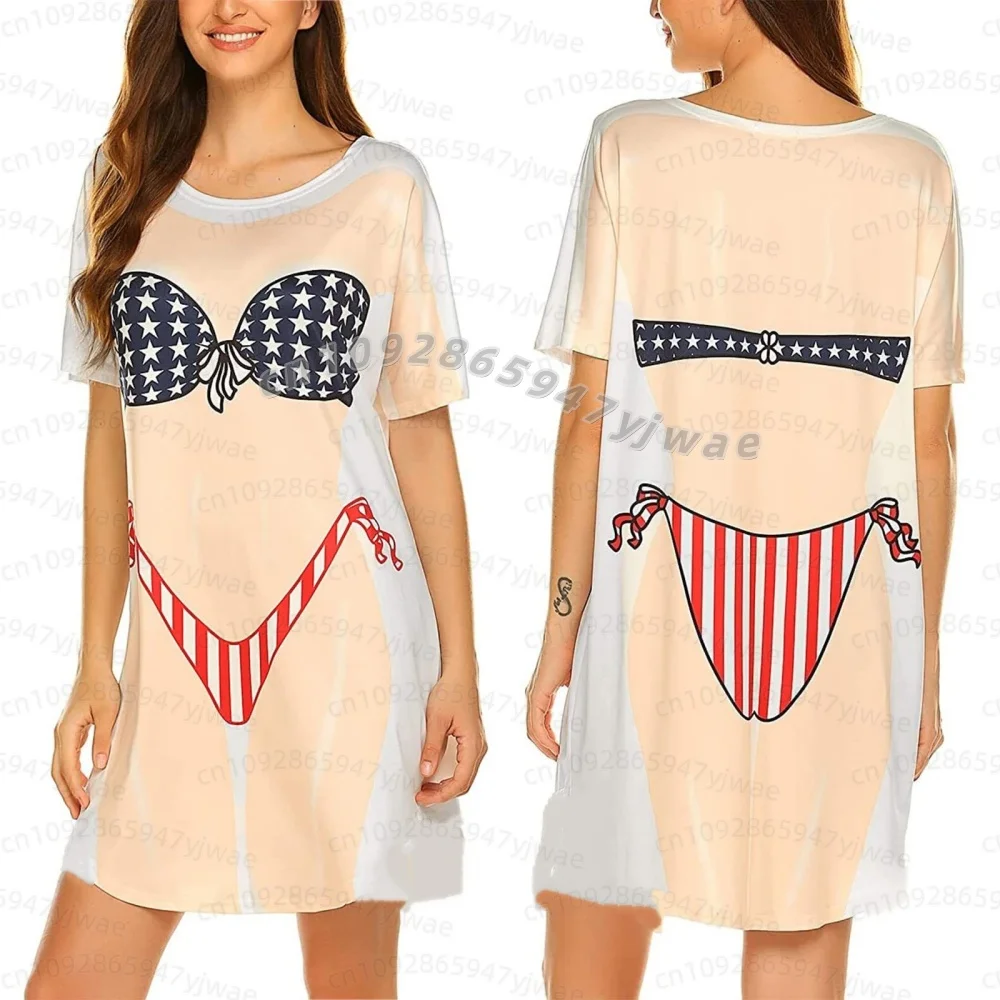 2026 Summer Women Russia T-Shirt Dress 3D Leopard Bikini Print O-Neck Short Sleeve Pullover Home Beach Dress Women Pajamas Dress