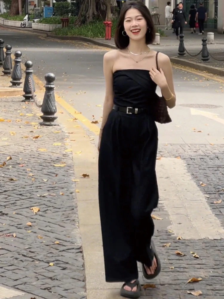 여름 섹시 핫걸 오프숄더 튜브탑과 하이웨이스트 와이드 레그 팬츠 세트 여성 패션 슈트 롱 팬츠 하이웨이스트