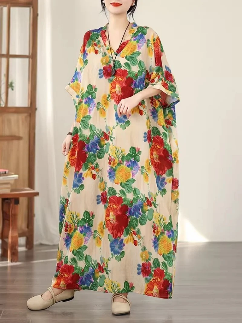 여성용 오버사이즈 루즈핏 드레스 |   면 린넨 브이넥 배트윙 슬리브 |   여름용 꽃무늬 비치 바캉스 드레스 w1885