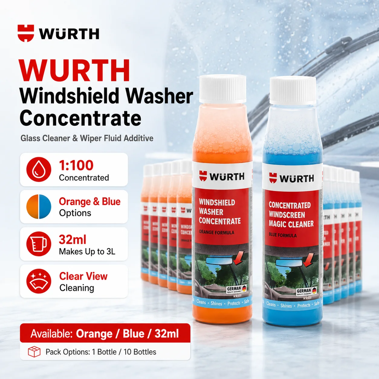 WURTH Windshield Washer Concentrate 1:100 Quick Mix Streak-Free Glass Cleaner For Car Windshield Auto Glass 32ml Orange Blue