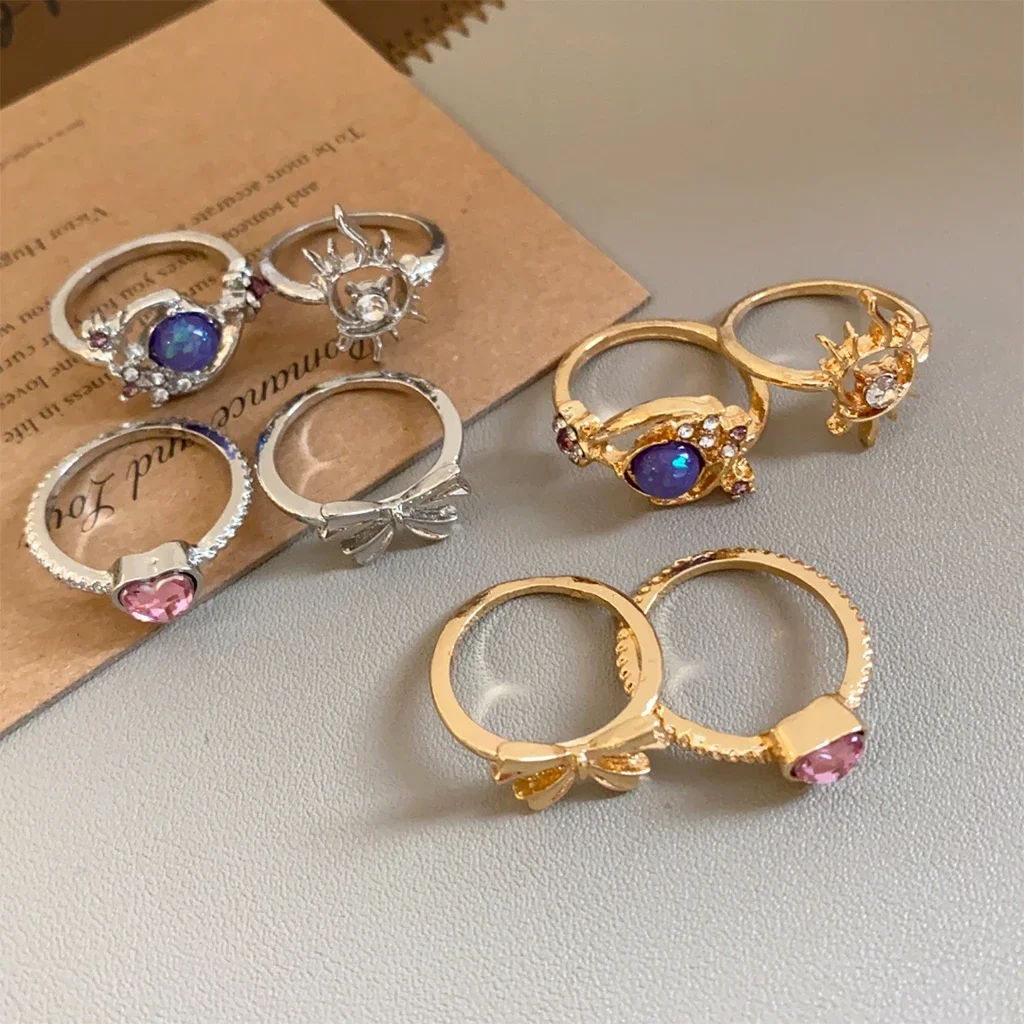 4 Pieces Vintage Sun Heart and Floral Zircon Stackable Rings Set for Women Daily Dating Party Occasion Wear Jewelry Sets