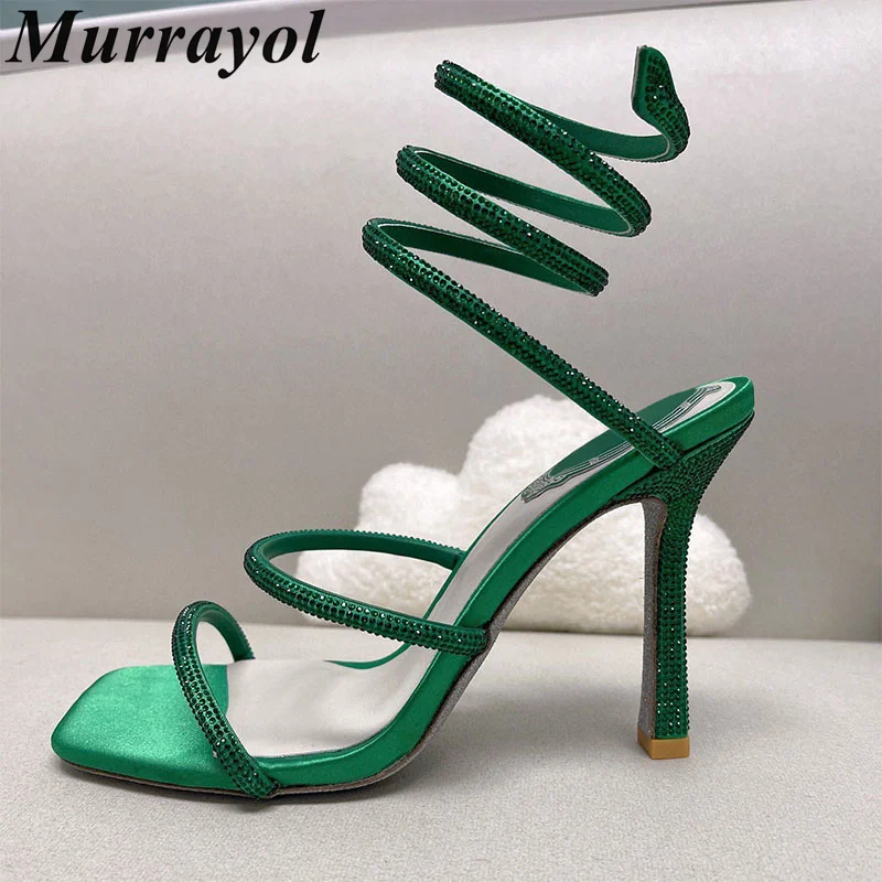 Square Toe Snake Shaped Elastic Strap Sandals Women Glisten Crystal Decor Thin Heels Gladiator Sandalias Summer Dress Shoes
