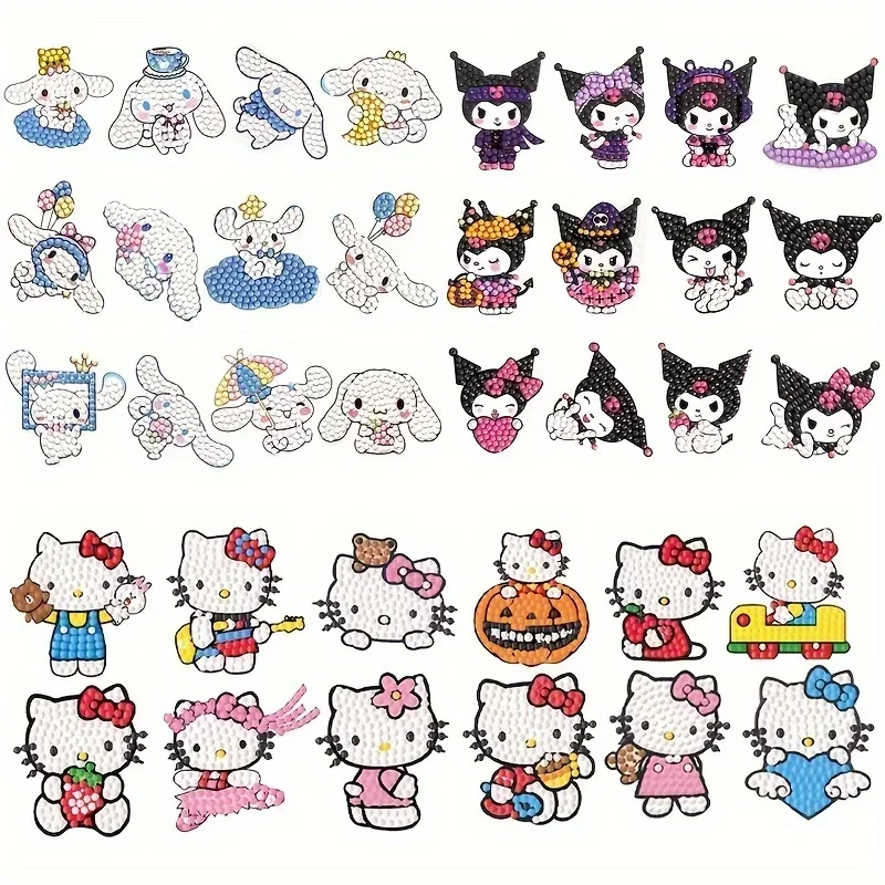 

12pcs Kawaii Sanrio Hello Kitty Kuromi Diamond Painting Sticker Set 5D DIY Cartoon Theme Sticker Drawing Kit According Numbers