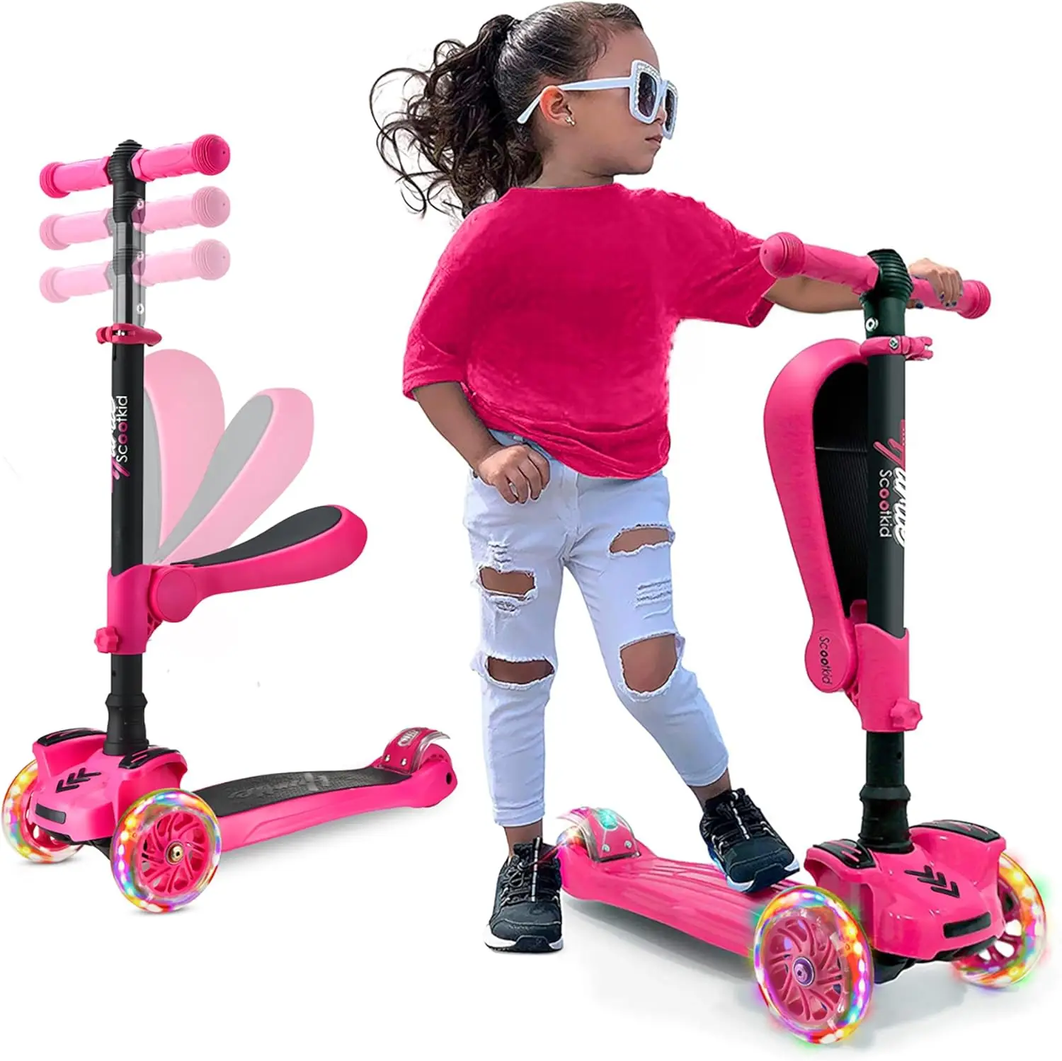 

3-Wheel Scooter for Kids with LED Lights, Adjustable Handlebar, Foldable Seat, Lean-to-Steer, Ages 1-14