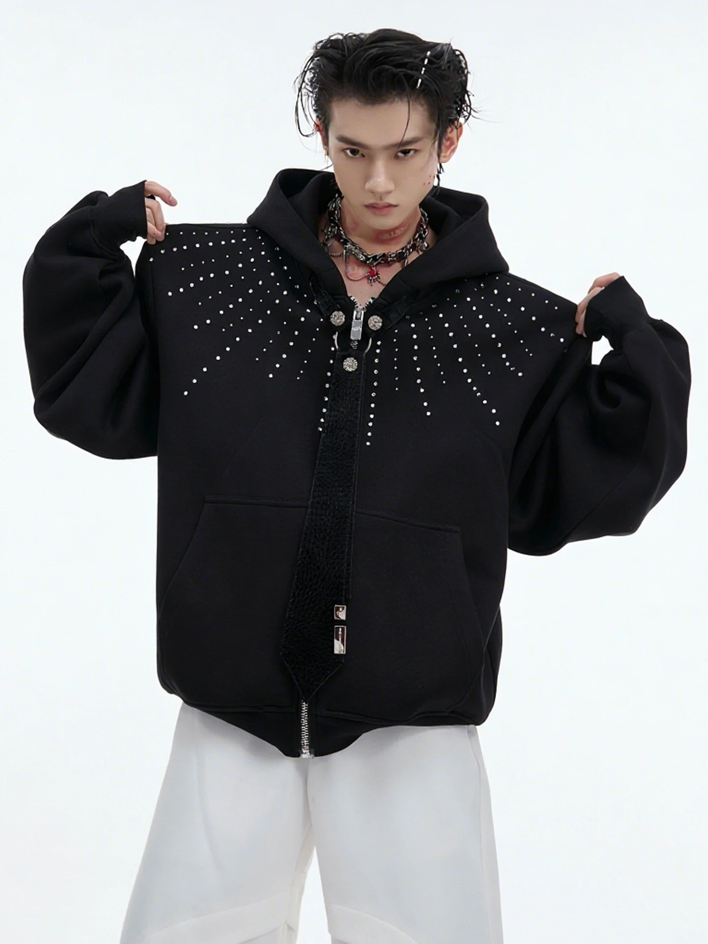 2025 New Fashion Trendy Design Starry Heavy Rhinestone Hooded Cardigan for Men Autumn Loose Handsome Casual Zipper Jacket Coat