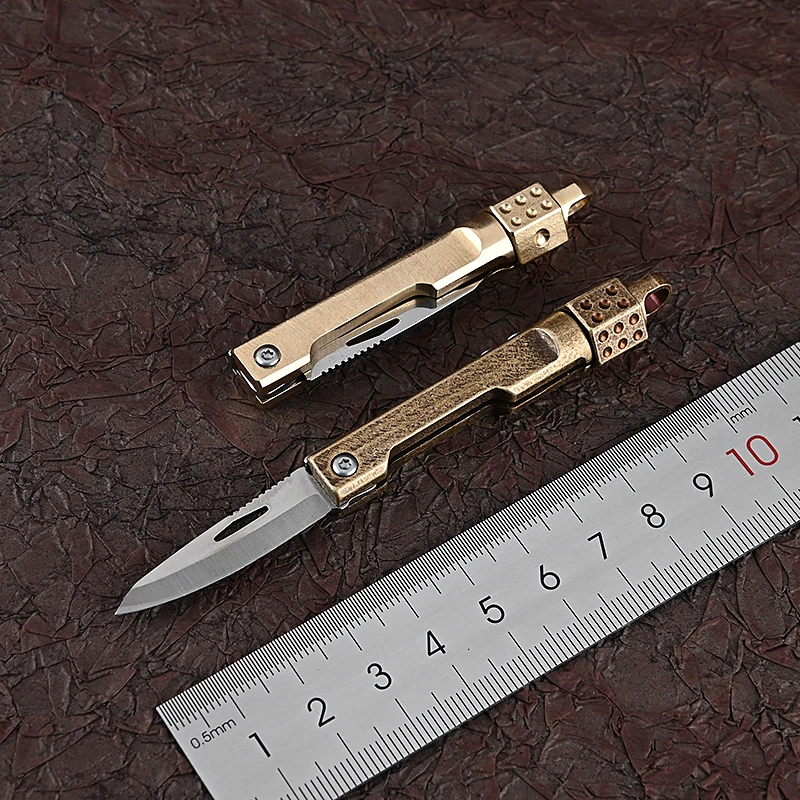 Brass Folding Knife With Dice Head Portable Keychain Mini Knife Outdoor EDC Multtool Camping Survival Cutter Unboxing Opener