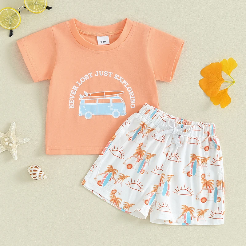 

Baby Boy Girl Summer Outfit Beach Style Letter Bus Print Crew Neck Short Sleeve T-Shirts Tops Shorts 2Pcs Clothes Set