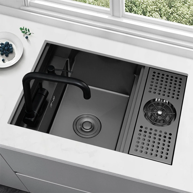 

Nano Hidden Bar Kitchen Sink Black Folding Faucet Cup Washer Mini Single Bowl Basin Stainless Steel Soap Dispenser Accessories