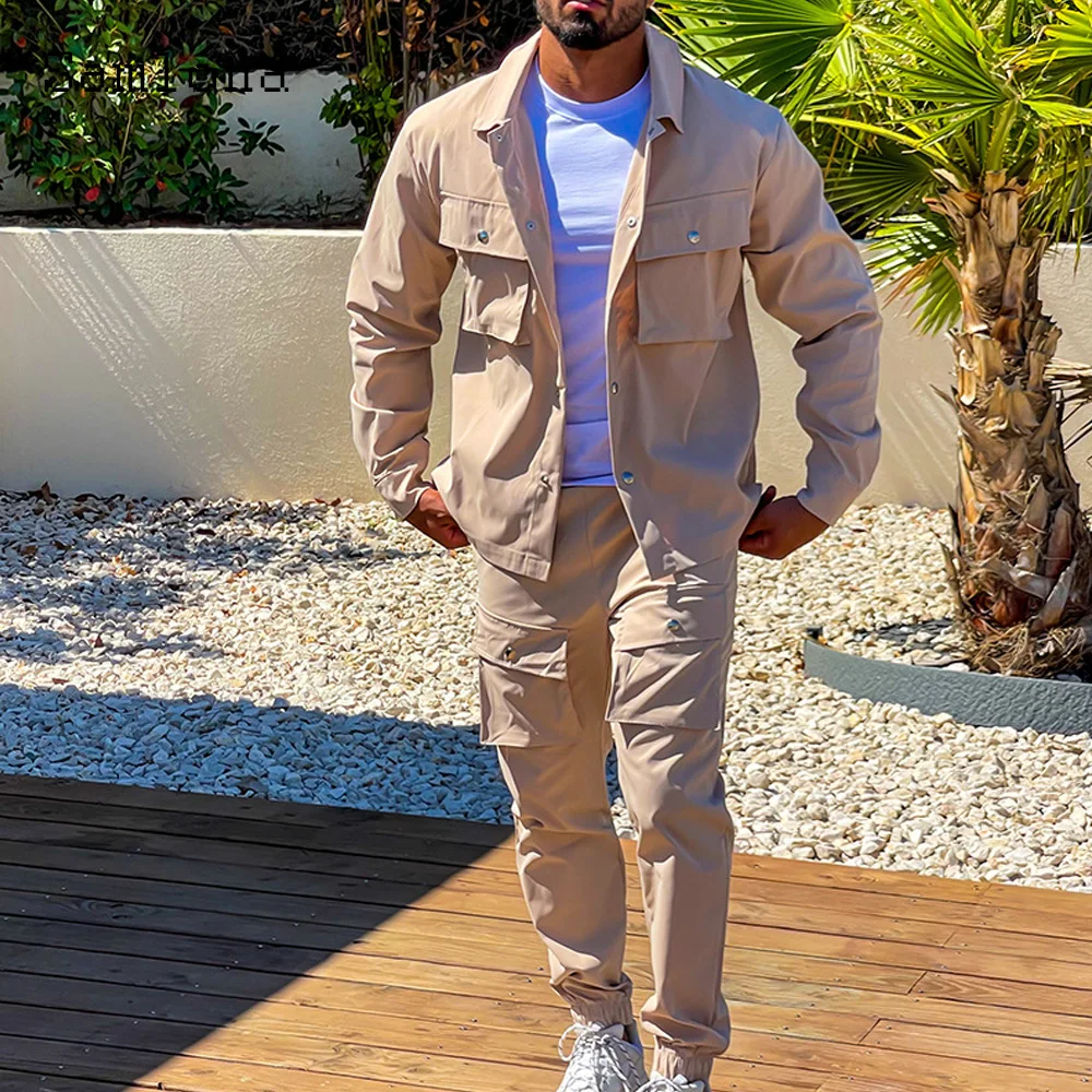 

Mens Fashion Multi-pocket Two Piece Sets 2025 European Style Vintage Cargo Outerwear and Pants Co-ords Suit Male Tracksuits Set