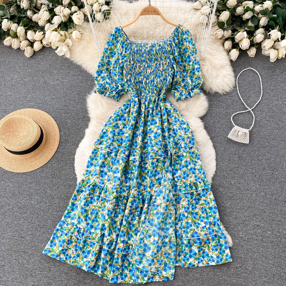 YuooMuoo-vestido largo estampado con cintura elástica para mujer, con abertura en forma de A prenda de vestir, manga abombada, Estilo Vintage, ropa de playa para verano