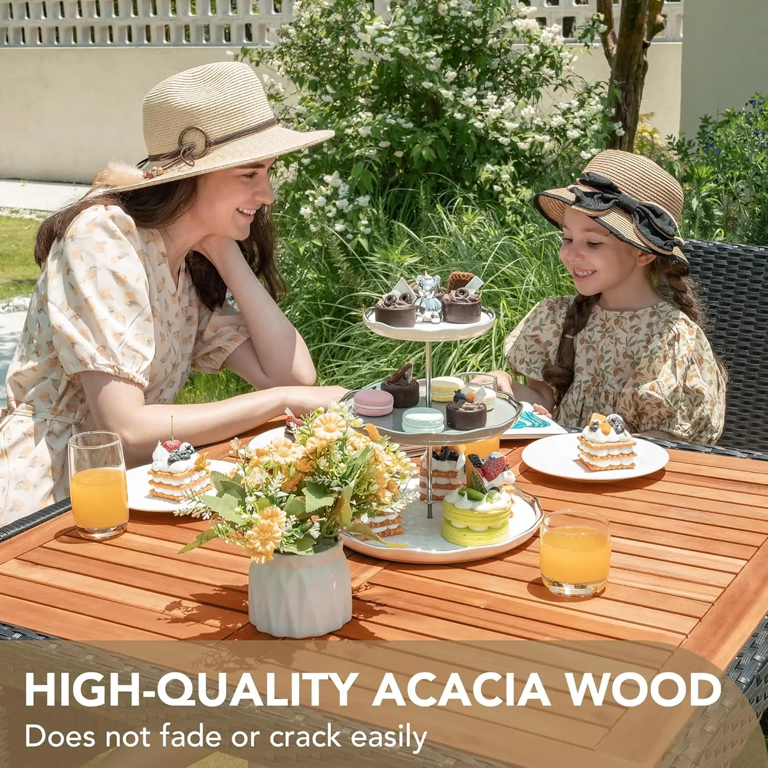 5 PCS Furniture Patio Conversation Set with Acacia Wood Top Rattan Outdoor Dining Table and Chairs for Backyard