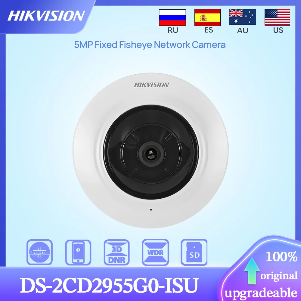 Original Hikvision DS-2CD2955G0-ISU 1.05mm 5 MP IR POE Fixed 180° Fisheye Security Network Camera Built in MIC SD Slot Alarm I/O