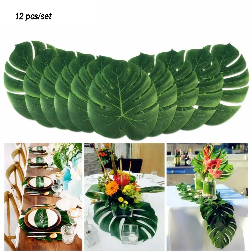 

12pcs 35cm Hawaii Fake Plant Table Mat Tableware Artificial Palm Leaves Summer Tropical Wedding Party Table Decoration