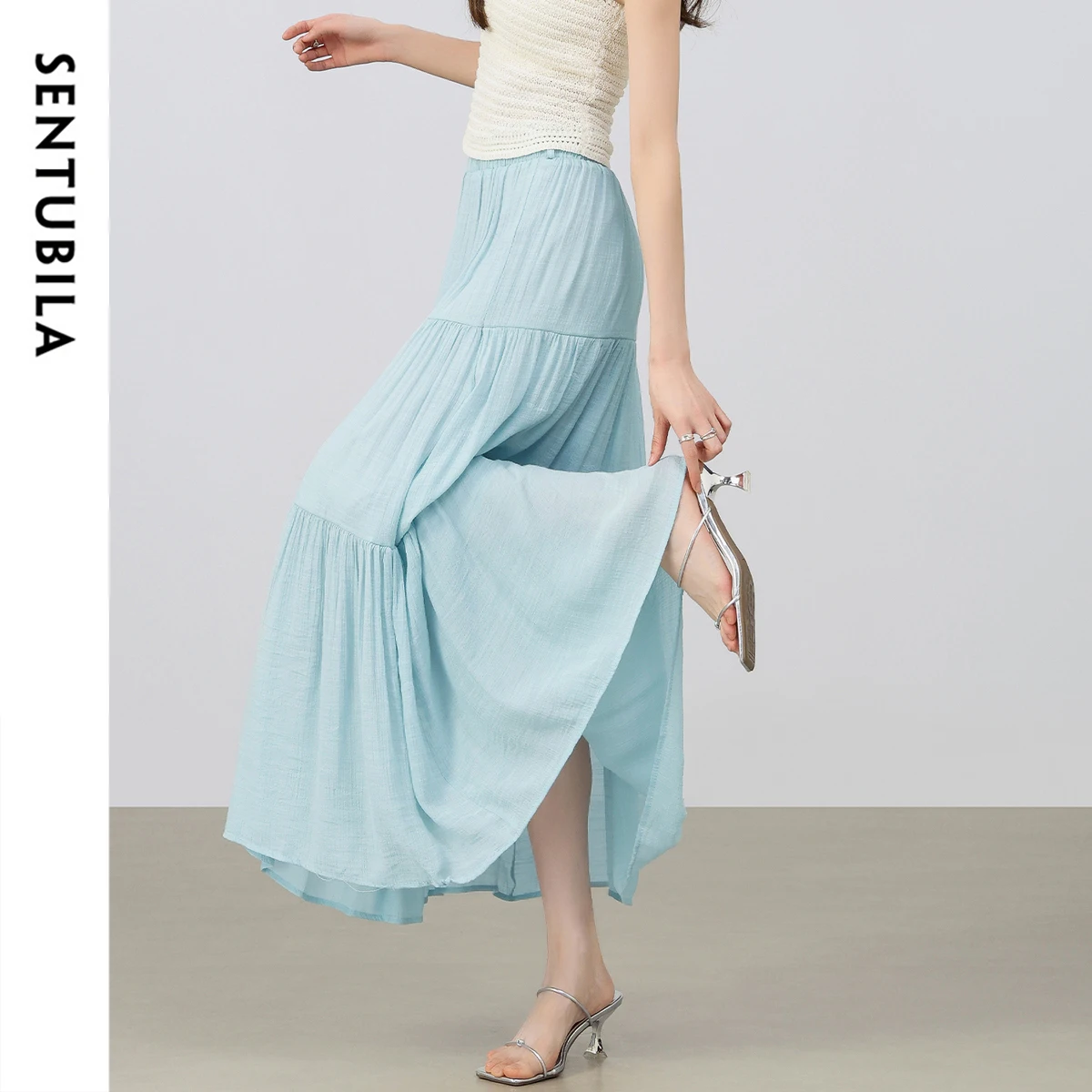 SENTUBILA Women's Layered Skirts Summer Long White Pleated A Line Midi Skirt 2025 New Collection Elegant Boho Clothing W52QA2340