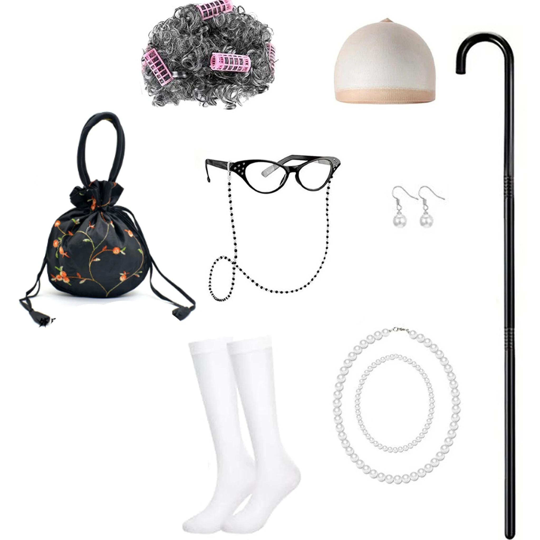 إكسسوارات أزياء السيدة العجوز حقيبة شعر مستعار للجدة للأطفال ملحقات قصب المشي فستان للسيدات والفتيات للفتيات من عمر 3 إلى 10 سنوات #3