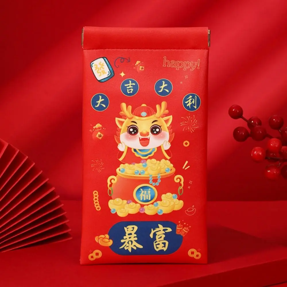 Envelope vermelho do ano novo estilo chinês pacotes de couro pu fechamento automático desenhos animados reutilizáveis, bolsa de dinheiro da sorte