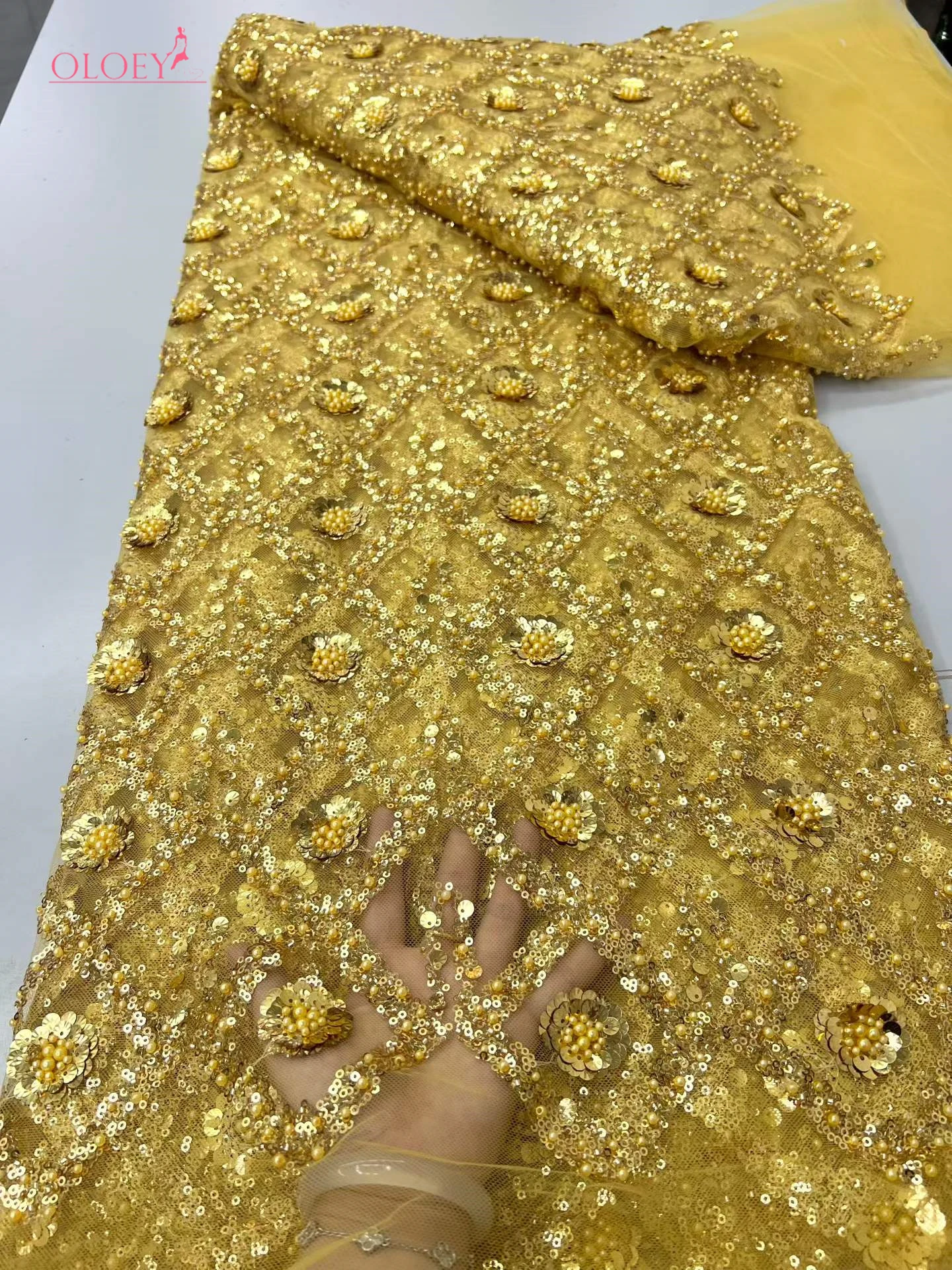 

OLOEY Elegant African Nigerian Fashion Beaded Lace High-end Luxury French Sequins Mesh Lace Fabric Women's Party Evening Dresse