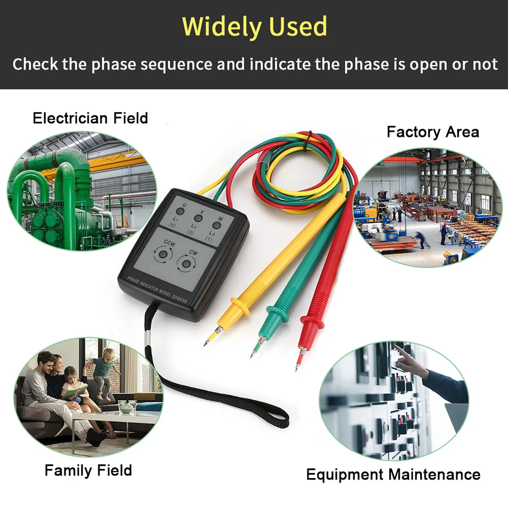 SP8030 3 Phase Rotation Tester Digital Phase Indicator Detector LED Buzzer Phase Sequence Meter Voltage Tester 60V-600V AC