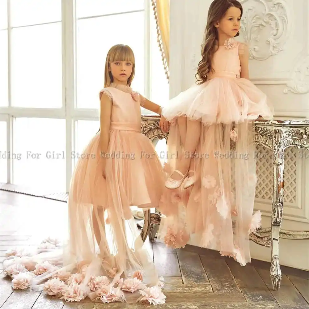 Vestido de menina de pescoço alto para casamento, tule fofo, Hi-Lo, primeira comunhão, vestido de festa com trem, personalizar