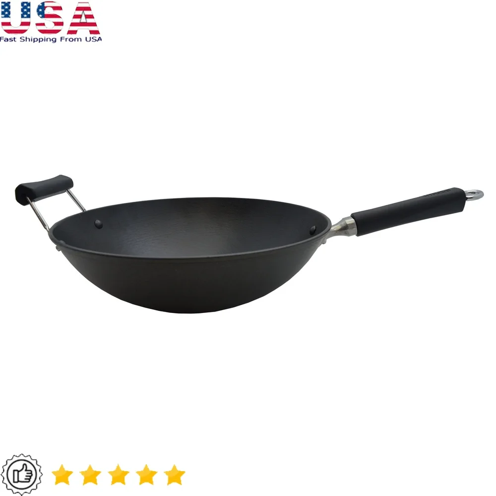 

14in Light Cast Iron Wok Preseasoned Nonstick Cool Touch Handles Ergonomic Design Even Heat Distribution Versatile Cooking Ideal